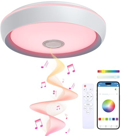 KSIX Glory Intelligente LED-Deckenleuchte mit Lautsprecher, dimmbare RGB-Farbe, 6200 lm, Ø47 cm, steuerbares Licht mit Fernbedienung und App, für Küche, Schlafzimmer oder Kinder, staub- und