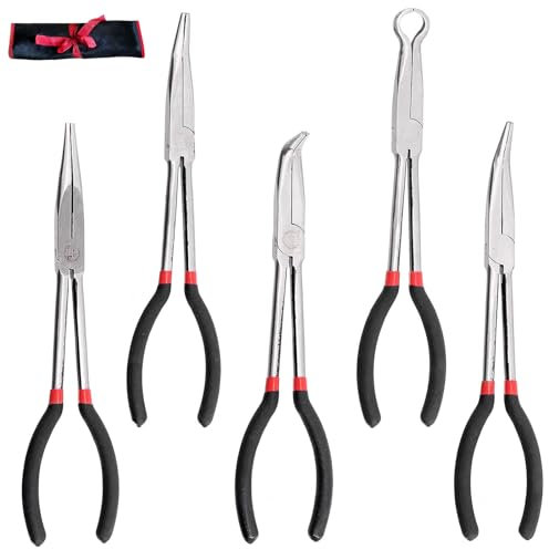 Pinza Multiuso Set, Set di 5 Pinze per Gioielli Allungate in Acciaio,inze A Presa Lunga per Tubo Flessibile E Pinze A Becchi Mezzotondi