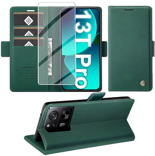Giyer Handyhülle für Xiaomi 13T/13T Pro Hülle mit Schutzfolie, Schutzhülle 13T Pro 5G PU Leder Wallet Flip Case Ständer Kartenfach Klapphülle für Xiaomi 13T Pro/13T Tache Full Cover (Grün)