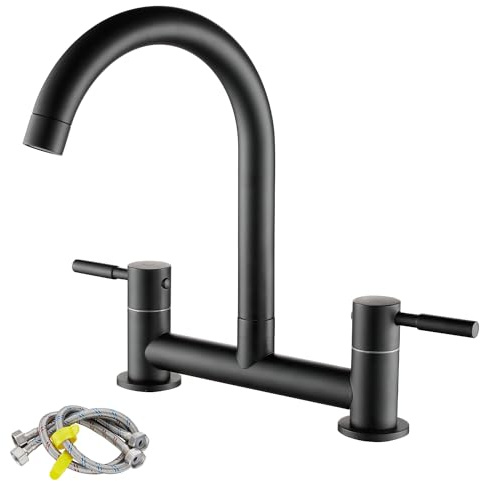 Bridge Kitchen Sink Mixer Tap, 2 Hole Kitchen Bridge Mixer, Brass, Black | 180mm Centres Deck Mounted Faucet with G1/2 Hoses, UK Standard Fittings, Dual Lever, 1/4 Turn, 360° Swivel Spout
