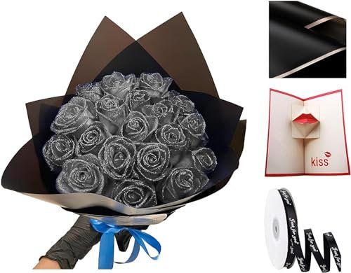 Eeiiey Glitzer-Rosenstrauß – (Selbstmontage), künstlicher Rosenstrauß, ewig, glänzend, künstliche Rosen, Blumenstrauß, Liebesgeschenke für Valentinstag, Jahrestag, Verlobung (Silber, 30 Rosen)