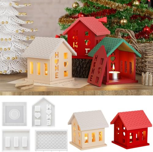 4 STK. 3D-Silikonform Haus mit Herz Weihnachtshaus Silikonmodell mit Dach, Sockel, 2 seitlich gegossenen Kerzenhalter-Gussformen Basteldeko für Halloween Geburtstag Weihnachten