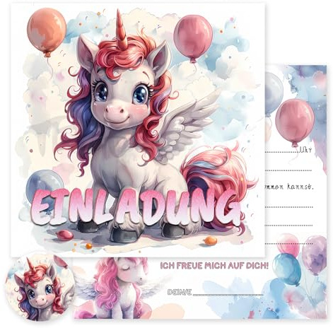 Vielucks®15 x Dino Einladungskarten-Quadrat -Original-mit Aufkleber,Einladungskarten Kindergeburtstag Junge Mädchen,Geburtstagseinladungen,Partyeinladungen,Einschulung Einladungskarten (Einhorn)