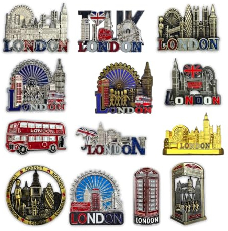 SAJAK Kühlschrankmagnete, Sammlerstück, Metallmagnete mit ikonischen Londoner Sehenswürdigkeiten, dekoratives britisches Souvenir, Geschenk für Büro, Zuhause und Küche, 12 Stück