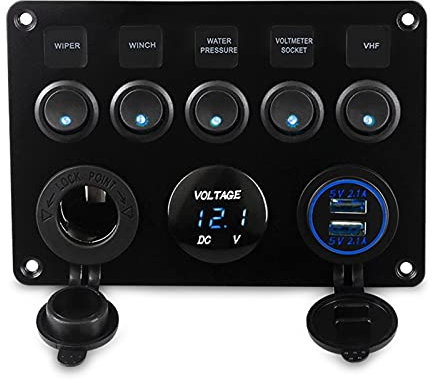 MUEOSI Herorider Chargeur à Double Prise USB Voltmètre Prise de Courant 12 V 5 Gangs Panneau d'interrupteur à Bascule on Off, for Voiture, Bateau, Camping-Car, Camion Tableau électrique(Blue)