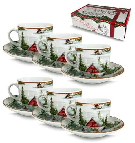 ARCA, Set di 6 Tazze da Caffè con Piattino in Porcellana, per 6 Persone, con Decorazione Natalizia Christmas Land, Resistenti e Durature, Ideali per la Tavola, Idea Regalo di Natale, 4,5x5,5 cm