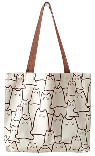 TSHAOUN Bolsa de lona con cremallera, bolsa de compras reutilizable de algodón con bolsillo, bonita bolsa de playa para gatos, estética para mujeres como regalo