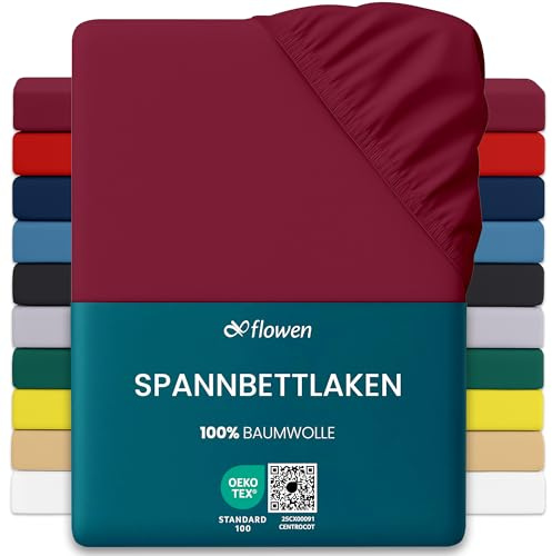 Flowen Jersey Spannbettlaken 120x200cm | Spannbetttuch 100% Baumwolle Rundumgummizug | Bettlaken 30cm Steghöhe Tiefe Tasche | Oeko-Tex Zertifiziert Weich Elastisch Atmungsaktiv Bügelfrei (Bordeaux)