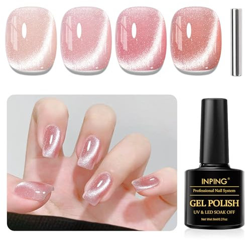 INPING UV Nagellack CatEye Magnet, 4 Farben Nude Rosa Glitzer Cat Eye UV Gel，Kristalle Gel Nagellack UV Soak Off Nail Polish für Frauen Nail Art Design Urlaub Maniküre Geschenkset, 8 ML