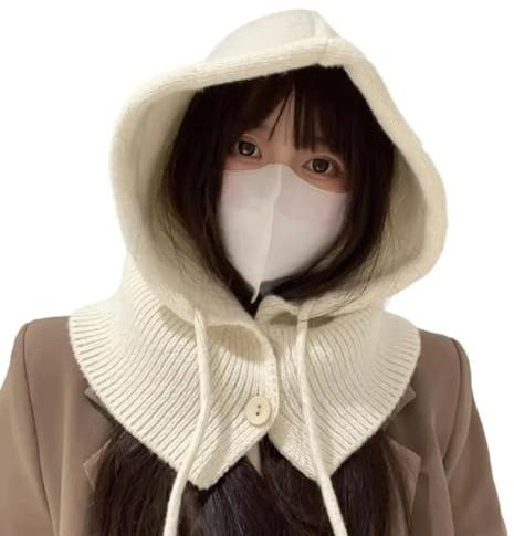 YUECIBAI Fliegermützen Frauen Hut Schal Set Mit Kordel Zug Slouchy Warm Kapuzen Schal Strick Pullover Hut Kostüm Zubehör Weiß