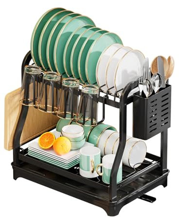 Abtropfgestell mit 2 Etagen, mit Essstäbchenhalter und Tassen-Abtropfgestell, Küchenspüle, Nizer für Teller, Schüsseln, Schneidebretter, platzsparend, Arbeitsplattenständer