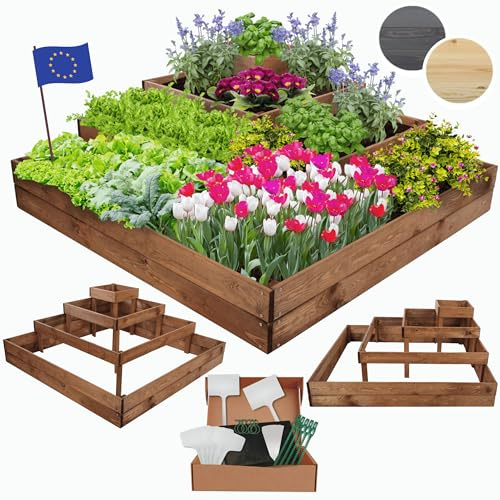 MODO24 Hochbeet Holz, Blumenkasten, Gartenbeet, 45x119x119cm, Braun | Robustes Kräuterbeet & Pflanzbeet aus Kiefernholz, Stufenförmiges Blumenbeet & Gartenbeet für Garten, Balkon & Terrasse