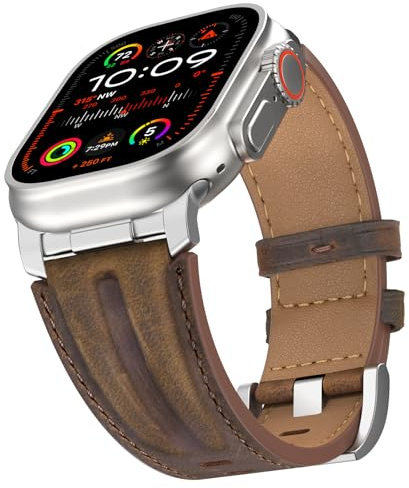 Bouixel Top Grain Genuine Leather Strap Compatible with Apple Watch Ultra 3 Straps 49mm 46mm 45mm 44mm 42mm, Rugged Metal Connector Band for Women Men iWatch Ultra 2/1 Series 11 10 9 8 7 6 5 4 3 SE