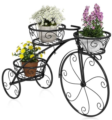 HOMASIS Blumenständer im Fahrradform, Blumentreppe Metall Pflanzenständer mit 3 Ebenen, Pflanzentreppe Vintage-Stil für Garten, Balkon, Büro, Blumenregal Pflanzregal (85x25x50cm, Schwarz)