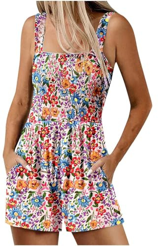 EMATOP Sommer Kurz Jumpsuit für Damen Elegant Boho Overalls Lässige Ärmellos Latzhose Bunte Blumen Muster Playsuit Baumwolle Locker Einteiler Romper High Waist Arbeitshose mit Taschen Shorts
