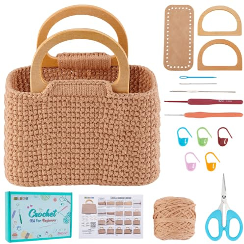 FREEBLOSS Häkeltaschen Set Für Anfänger Handtaschen Bastelset Häkel Starterset Mit Anleitung Unterseite Aus PU Leder D Förmiger Holzgriff Handgefertigte DIY Tasche Mit Beigem Flauschigem Garn