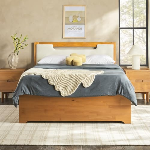 Walker Edision Sloane Solid Wood Upholstered Bed Frame with Storage Drawers, Queen, Caramel
