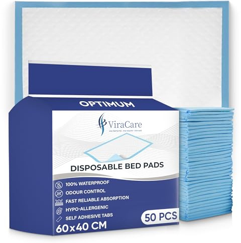 50 x Optimum Incontinence Bed Pads | 60 x 40 cm | Incontinence Bed Sheets | Disposable Mattress Protector | Self Adhesive Tabs | Absorbent Pads | (1 Pack of 50)