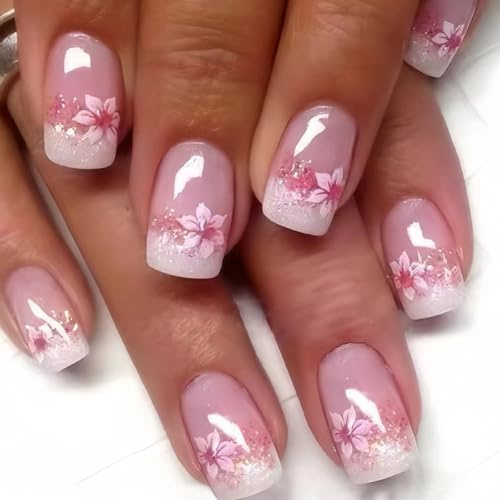 Viugex 24 Pièces Faux Ongles Carré Court, Rose Sakura Artificiel Ongles à Presser, Brillant Français Ongles à Coller, Acrylique Press on Nails Reutilisable pour Femme Fille DIY Manucure