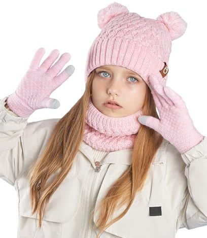 Maeau Kinder Beanie Winter Warmer Mädchen Mütze Handschuhe Schal Set Dreiteiliges 3 Teiliges Jungen Wintermütze Warme Kleinkind Mütze Gefüttert Gestrickter Strickmütze Hut Schal Gestrickt 3 Stück Rosa