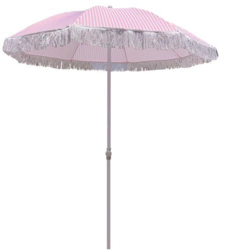EYTVYUWPT Parasol De Jardin À Rayures Roses Et Blanches Avec Pompons, Diamètre 140cm, Protection UV UPF 50+ For Terrasse, Extérieur, Plage, Balcon