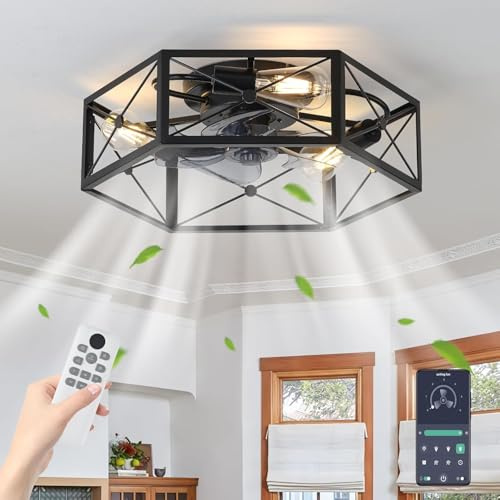 UNRRYI Caged Ceiling Fans with Lights, 50CM Industrial Ceiling Fan 6 Speeds Reversible Flush Mount Farmhouse Ceiling Fan Light Remote APP Control for Bedroom, Living Room