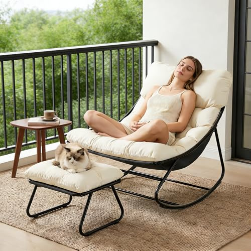 Schaukelstuhl mit Hocker Innen, Loungesessel Outdoor, XXL Schaukelsessel Relaxstuhl, Schaukelstuhl Wohnzimmer, Relaxstuhl mit Gepolstertem Kissen bis 150kg Belastbar, Schaukelliege für Balkon(Weiß)