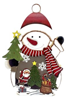 Kaladia Beleuchtete Dekoration Schneemann mit Weihnachtsbaum aus Holz – Weihnachtliche Deko mit warmem Licht – Handbemalt & Batteriebetrieben - Maße: 21 x 5 x 29 cm