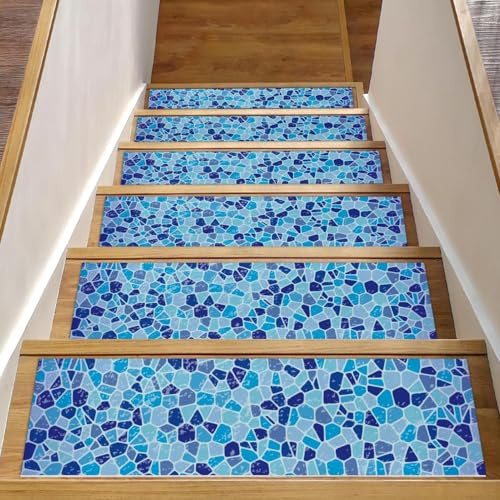 RODAILYCAY Alfombra para peldaños de escalera, azul abstracto geométrico, paquete de 15 almohadillas antideslizantes para peldaños de escalera, 8 x 30 pulgadas, para peldaños de madera en interiores