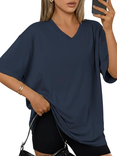 Cuptacc T-shirt damer v-ringad överdimensionerade toppar basic lös kortärmad tunika damer sommar lång skjorta med slits enfärgad topp