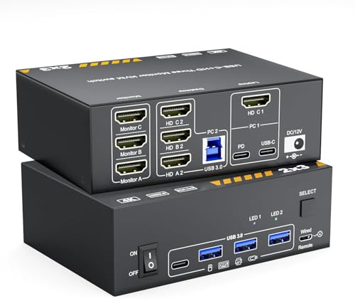 KVM-switch 3 skärmar för 1 bärbar dator och 1 x 4K @ 60 Hz stationär dator HDMI + USB C KVM-omkopplare dockningsstation med tre bildskärmar, 87 W laddning PD