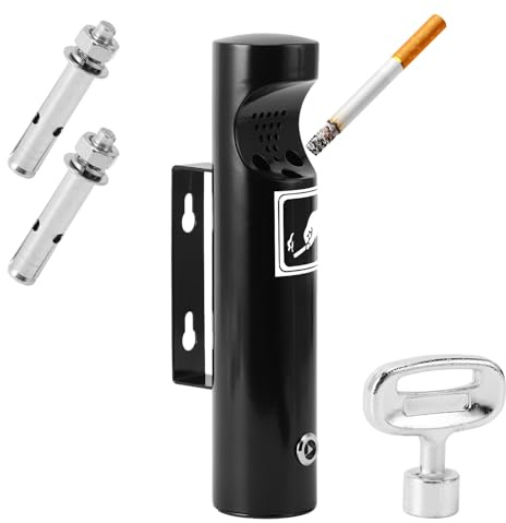 Outdoor Cigarette Butt Disposal, Lockable Wall Mounted Ashtray with Key, Stainless Steel Outdoor Ashtray for Patio, Restaurant & Hotel, Dust-Proof Outside Cigarette Receptacle 11.4 Inch (Black)