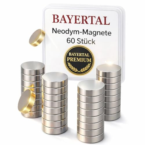 Bayertal® Neodym Magnete 10x2mm – 60 Stück, N52 Extra Stark – Mini Magnete für Magnettafel, Whiteboard, Kühlschrank, Büro, Werkstatt & Haushalt – Haftet auch ohne Metall