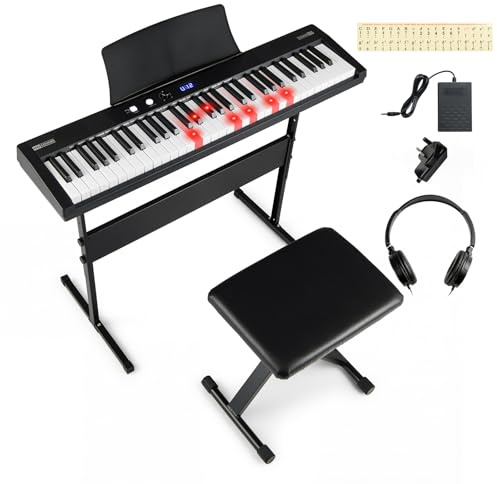 COSTWAY 61 Key Digital Piano Keyboard, Electric Piano with Adjustable Stand & Stool, 128 Rhythms, 128 Tones, 80 Demos, Note Sticker, Portable Keyboard Kit for Beginners, Kids, Adults, Black