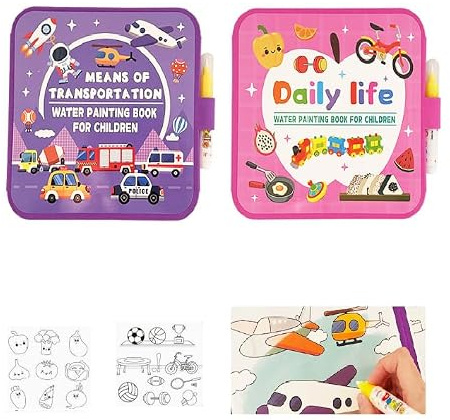 FILOEEX 2Pcs Mess Free Water Painting Book Set with Water Pens, Reusable Water Colouring Books,No Mess Aqua Art Magic Water Drawing Kit, Sensory Educational Travel Painting Gift (2)