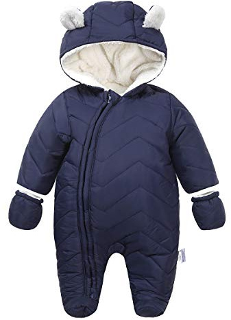 DINGDONG'S CLOSET Baby Boy Girl Winter Hooded Puffer Jacket Snowsuit with Gloves(Navy,9-12M)