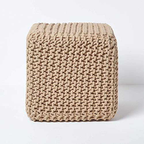 Homescapes gestrickter Sitzhocker Sitzwürfel beige, Strick Sitzpuff 35 x 35 x 35 cm, Strickhocker mit grob gestricktem Bezug aus 100% Baumwolle, Füllung aus 100% Polystyrol, cremeweiß