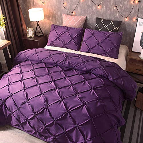WONGS BEDDING Purple Pinch Pleat Duvet Cover Set Luxury Bedding Set with 2 Pillowcases Double Size Quilt Cover 200x200cm Zipper Closure
