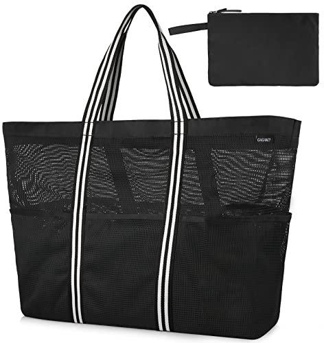 GAGAKU Strandtasche mit Reißverschluss XXL Familie Badetasche Extra Große Netztasche für Damen, Beach Bag Mesh Tasche für Strand Reisen Shopping - Schwarz