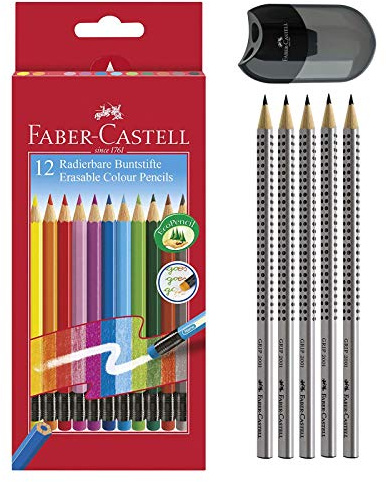 Faber-Castell Radierbare Buntstifte mit Gummitip, 12er Kartonetui + 5 Bleistifte (HB, 2B, B, H, 2H) + Doppelspitzdose
