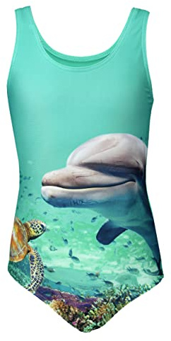 Aquarti Costume Piscina Bambina Intero con Stampa – Resistente, Confortevole e alla Moda, Delfino/Verde, 152