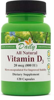 Daily Manufacturing Vitamin D3‑800 IU (20 mcg) – Non‑GMO, Gluten‑Free, Kosher, Vegetarian Capsules – Supports Bone, Immune & General Wellness – 120 Count