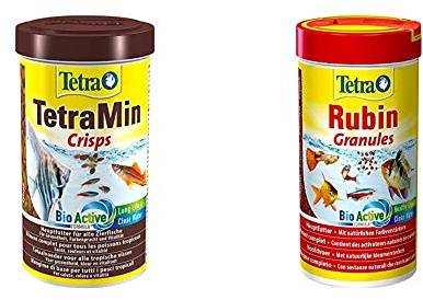 TetraMin Crisps Hauptfutter für alle tropischen Zierfische mit hohem Nährwert und minimaler Wasserbelastung, 500 ml & Rubin, Hauptfutter in Granulatform mit natürlichen Farbverstärkern, 250 ml Dose