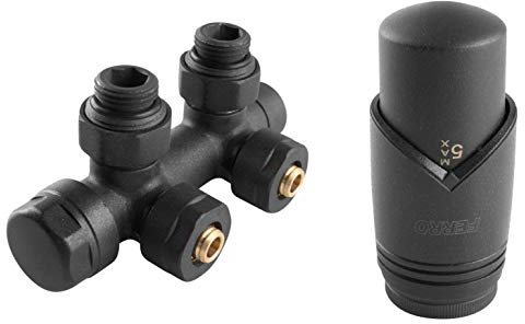BFG Thermostat-Set, für Heizkörper | Thermostatkopf GT33 M30 x 1,5 | Zweirohr Heizkörperventil Eckform | Heizkörpernippel 3/4” x 1/2”, Rohrnippel 15 mm und 16x2 mm