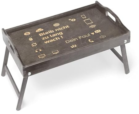 Maverton Betttablett mit Gravur - personalisiert - Sofatisch mit Griffen - klappbar - erhöhter Rand - Geburtstagsgeschenk für Frauen - Einzugsgeschenke - Grau - Lapdesk