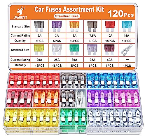 JOREST 120 fusibili auto set – per fusibili auto truck/camper, camion, moto (2 A, 3 A, 5 A, 7,5 A, 10 A, 15 A, 20 A, 25 A, 30 A, 35 A, 40 A), piatti medi fusibili automobilistici + 1 estrattore