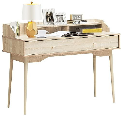 COSTWAY Scrivania con Cassetto, Tavolo per Casa e Ufficio con Gambe Resistenti in Legno di Gomma e 2 Scompartimenti, Ideale per Salone Studio Camera da Letto, 120 x 50 x 93 cm (Naturale)