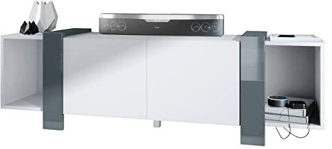 Vladon Lowboard Ida 149 x 45,5 x 34 cm TV-Board mit 4 Fächern und PTO-Türen, Made in Germany, Korpus in Weiß matt, Blenden in Grau Hochglanz | Große Farbauswahl