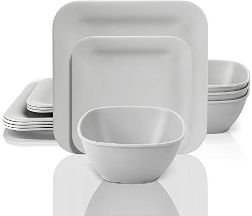 Melamine Dinnerware Set - 12 pcs Melamine Plates Indoor and Outdoor use Matte Grey Plates and Bowls Dinnerware Sets Summer Fall Camping Dish Set for 4 Dishwasher Safe（Square）