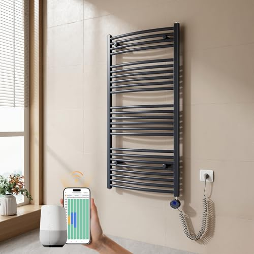 EMKE Radiatore da Bagno, 120 x 60 cm, 600W, Curvo, Antracite | Scaldasalviette con WIFI Termostato, Termoarredo Asciugamani da Bagno